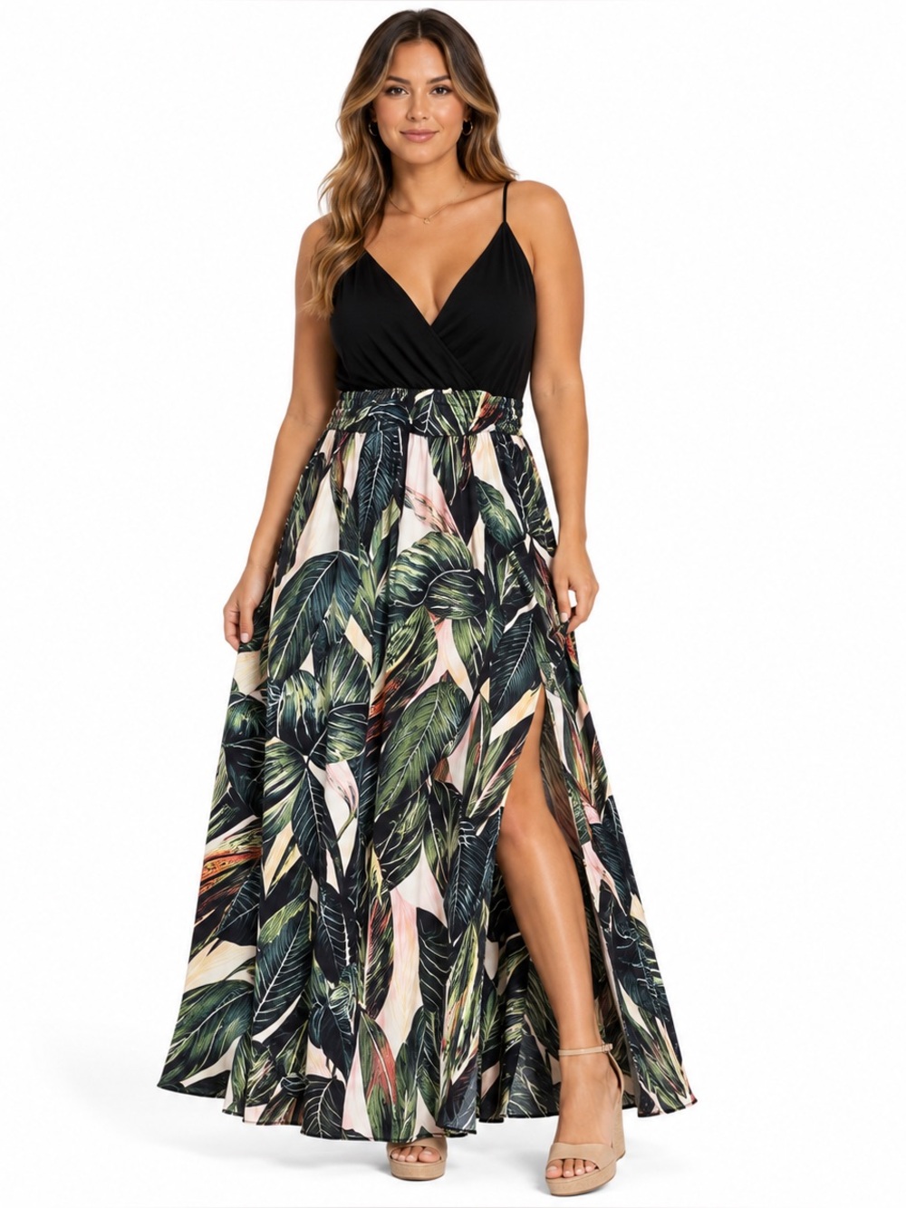 Tropical Palm Print Maxi Dress Black Green Vacation Resort V Neck Large